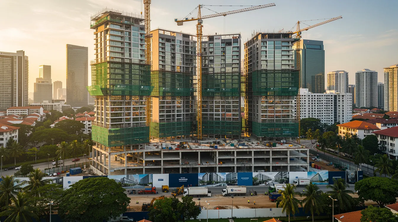 The image depicts the skyline of Singapore featuring a new launch condominium development that is currently under construction, showcasing cranes and scaffolding against the backdrop of the city. This private property project highlights the ongoing trend of upgrading from HDB flats to private condos in Singapore.