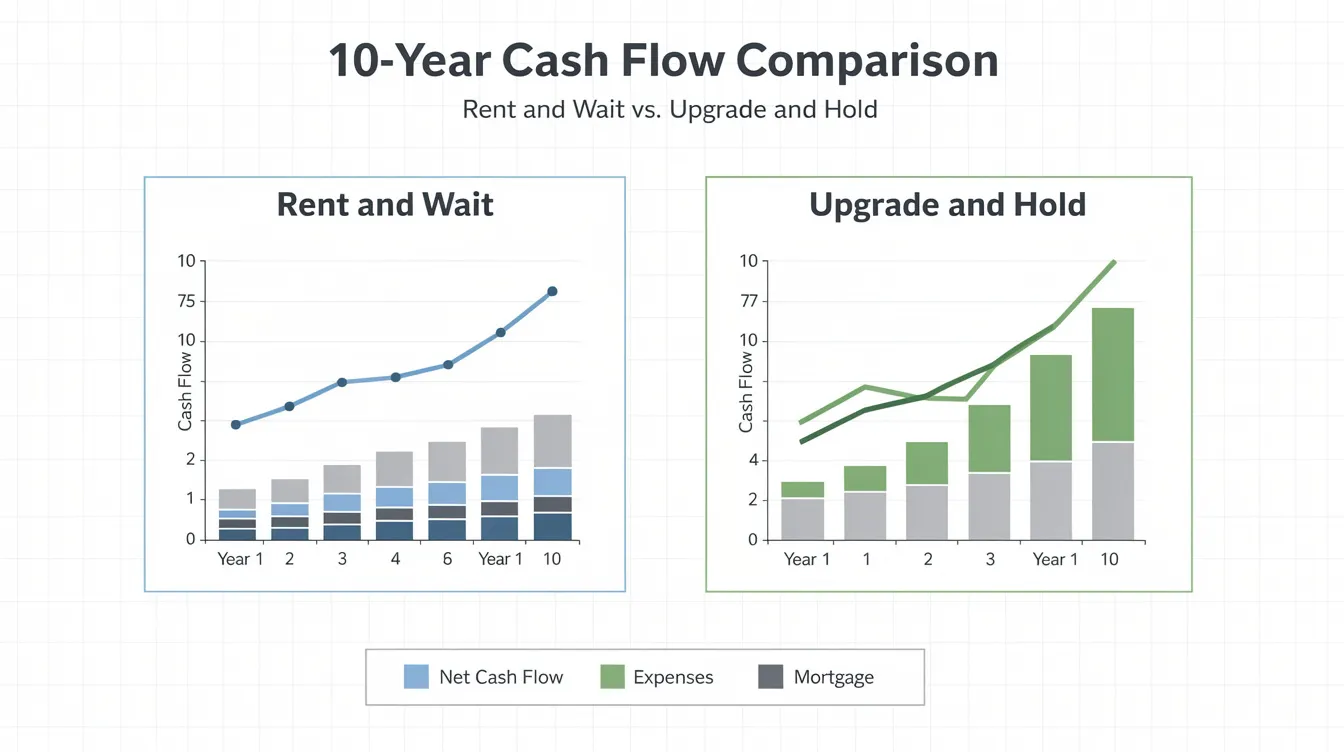The image depicts a side-by-side comparison of cash flow over a ten-year horizon for two strategies: rent-and-wait versus upgrade-and-hold. It illustrates how these approaches impact property investments, highlighting potential rental income and transaction costs in the context of Singapore's real estate market.