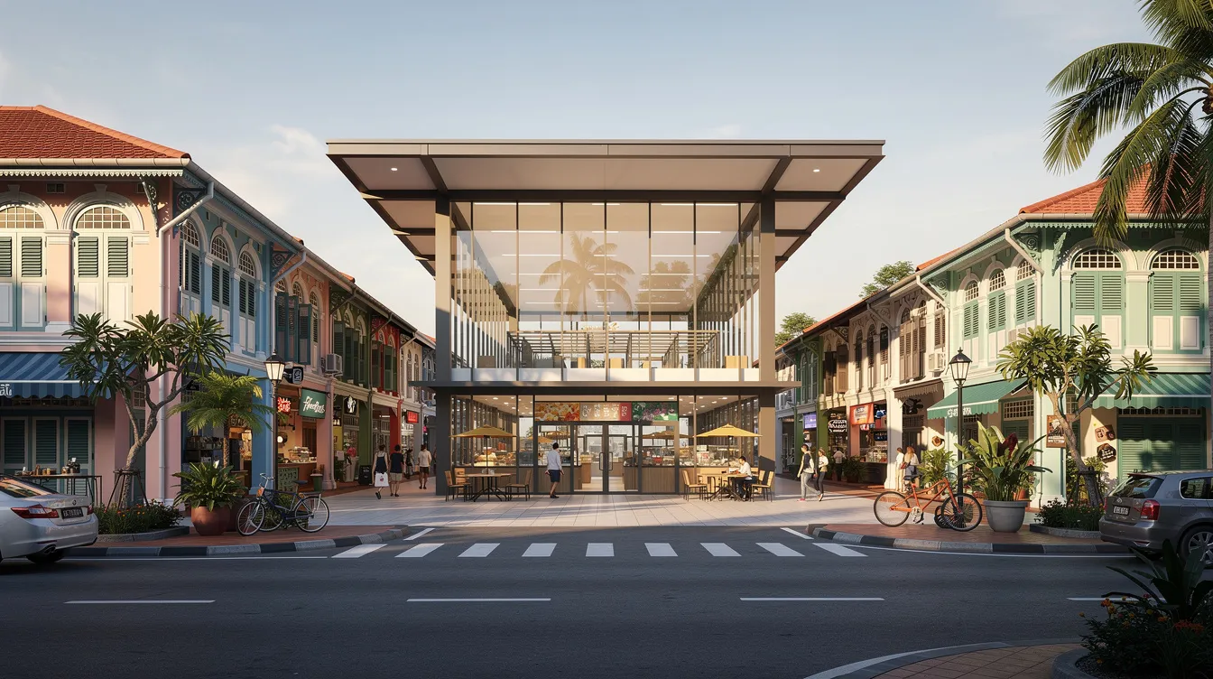 The image depicts a modern hawker centre with a sleek exterior, featuring covered walkways that provide shelter for visitors, surrounded by traditional shophouses. This vibrant community space in Farrer Park offers families and residents a variety of dining options and amenities, making it a popular location for both locals and tourists.