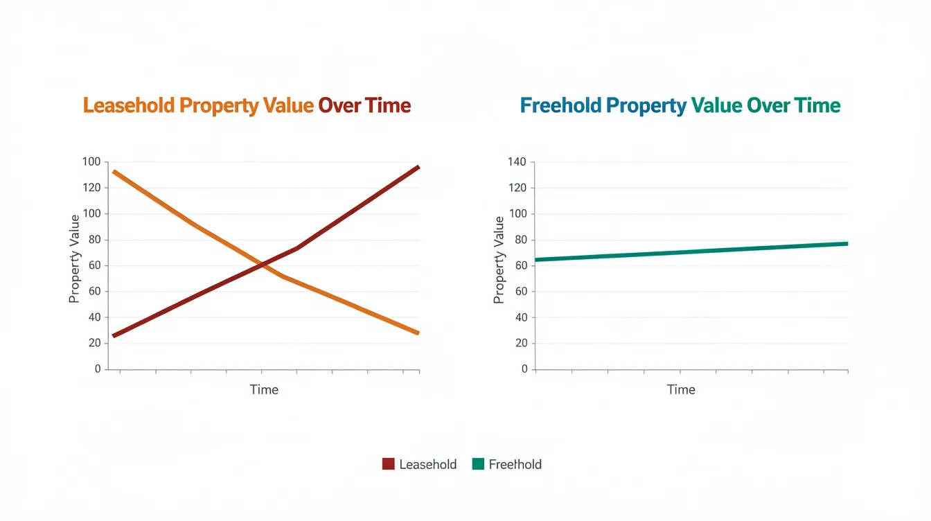 The image depicts a side-by-side comparison diagram illustrating the value decline curve of leasehold properties versus the stable value of freehold properties over time, highlighting how freehold properties tend to preserve wealth better for buyers and investors in the same location. This visual representation emphasizes the differences in long-term returns and market stability between 99-year leasehold and freehold properties.