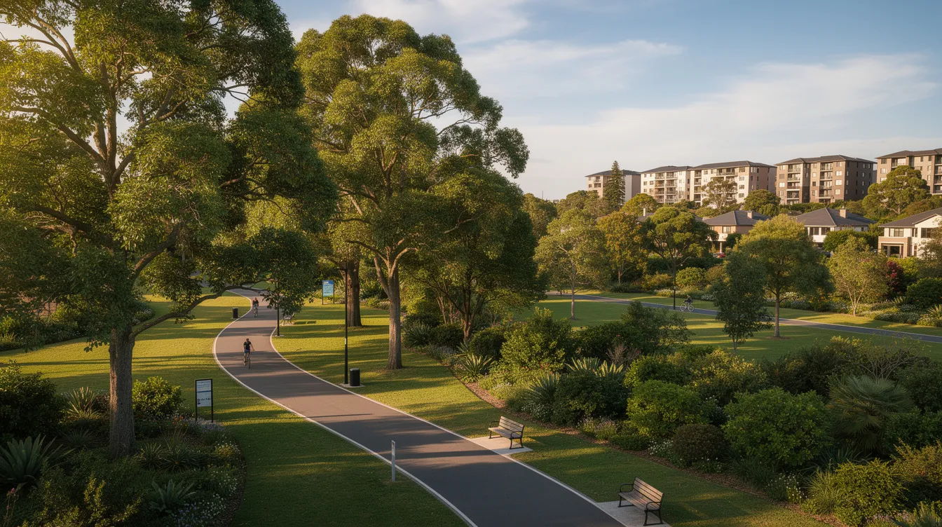 An elevated view captures a winding park connector trail surrounded by mature trees, offering a serene retreat near the bustling city life of a residential area. This lush greenery provides residents with ample opportunities for outdoor activities, enhancing the natural beauty of the Dairy Farm area.