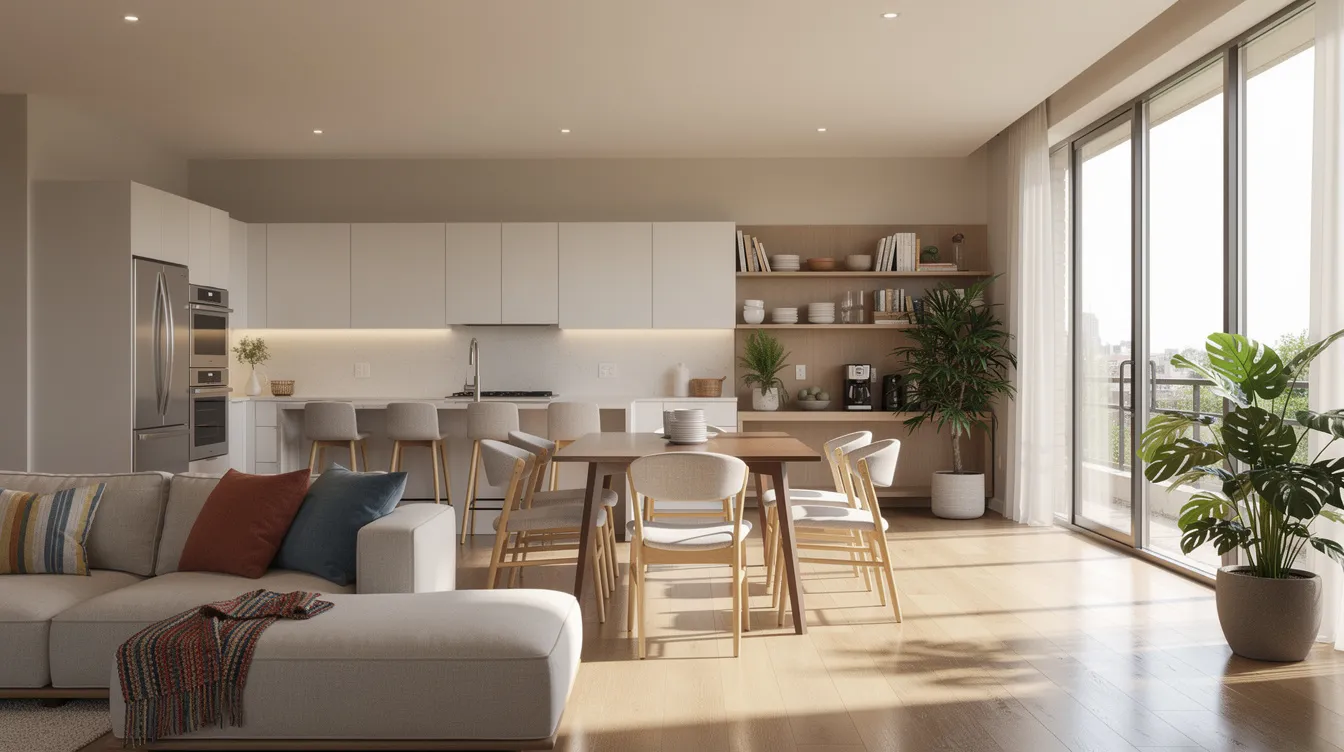 The image depicts a contemporary co-living space interior featuring a shared kitchen area bathed in natural light from floor-to-ceiling windows, creating an inviting atmosphere for family members and residents. This modern design reflects the growing trend towards affordable housing and communal living, aligning with the investment strategies of many family offices focused on diversification across residential real estate.