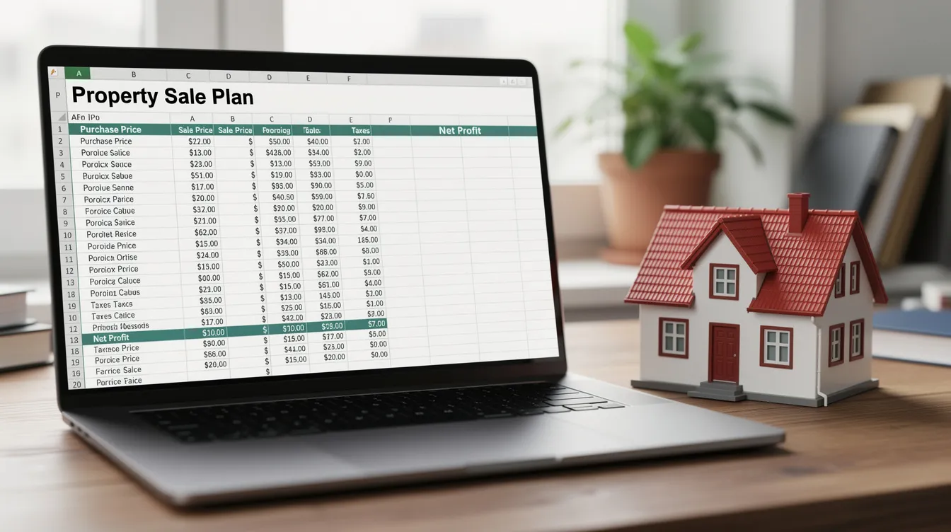 The image features a financial planning spreadsheet displayed on a laptop screen, detailing calculations for property sale, specifically related to HDB sale proceeds and outstanding HDB loans. Beside the laptop, there is a small model house, symbolizing the transition from an HDB flat to private residential property, such as a condo.