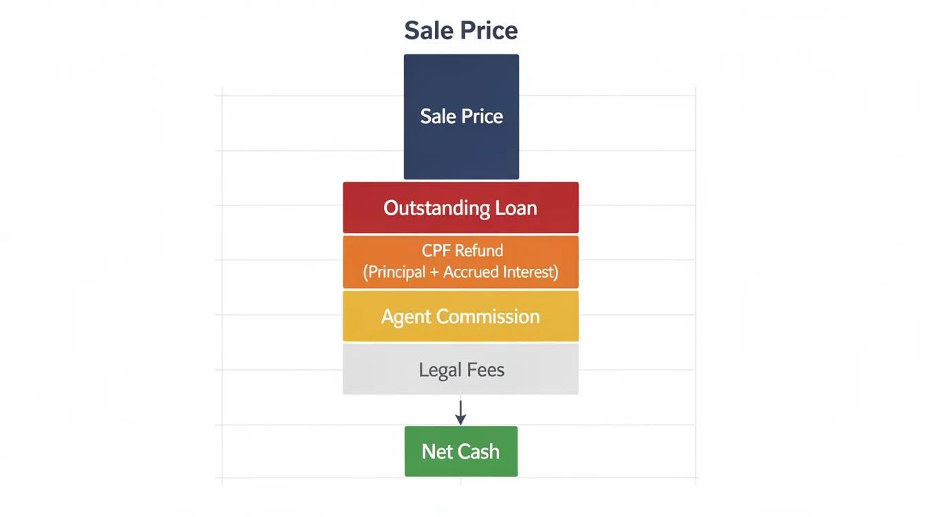 The image depicts a waterfall chart illustrating the sale price at the top, with subsequent blocks representing deductions for outstanding loans, CPF refund principal plus accrued interest, agent commissions, and legal fees, culminating in a small block indicating the net cash proceeds. This visual effectively highlights the importance of understanding CPF accrued interest and other costs involved in property transactions.