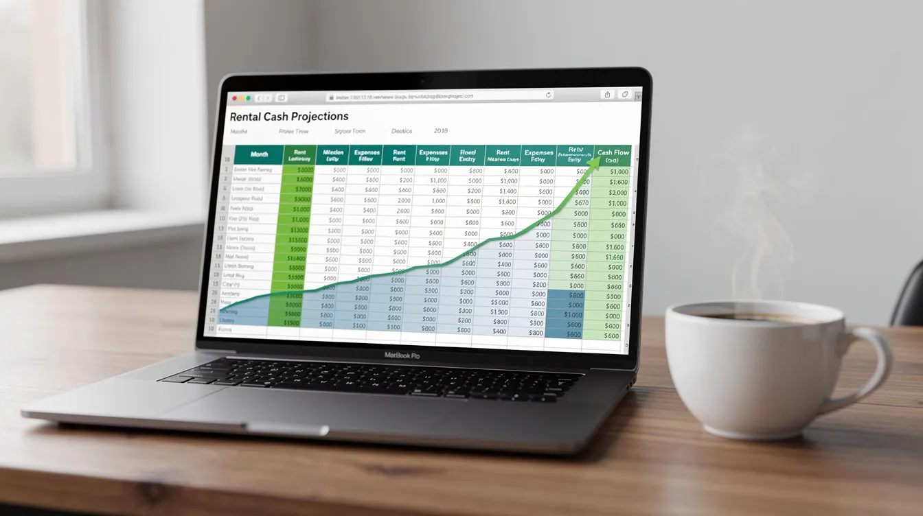 The image displays a financial spreadsheet on a laptop screen, showcasing rental cash flow projections, alongside a coffee cup. This setup reflects the interests of property investors analyzing their investment property’s rental yield and capital growth potential.