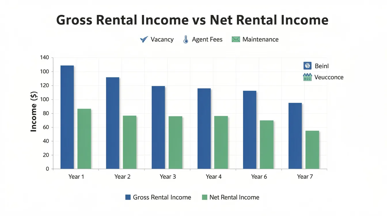 The image features a bar chart illustrating the comparison between gross rental income and net rental income over seven years of tenancy, accounting for deductions such as vacancy, agent fees, and maintenance costs. This analysis provides valuable insights for property investors in the rental market, highlighting potential rental yield and the impact of various expenses on overall profitability.