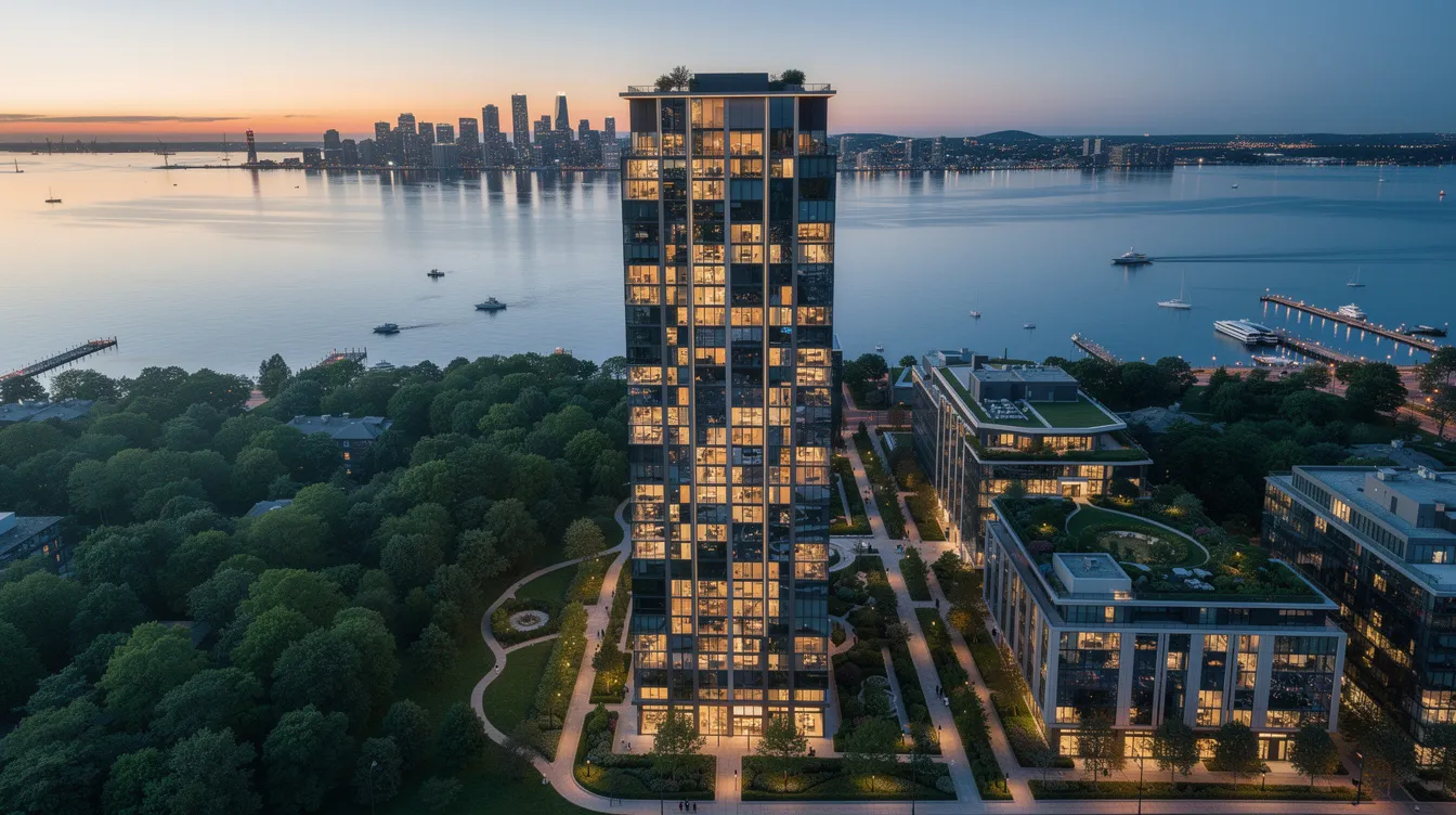 An aerial view captures a luxury high-rise tower, part of the Newport residences, surrounded by lush greenery and a stunning waterfront skyline at dusk. The scene showcases the vibrant urban landscape, highlighting the elegant architecture and serene atmosphere of the greater southern waterfront.
