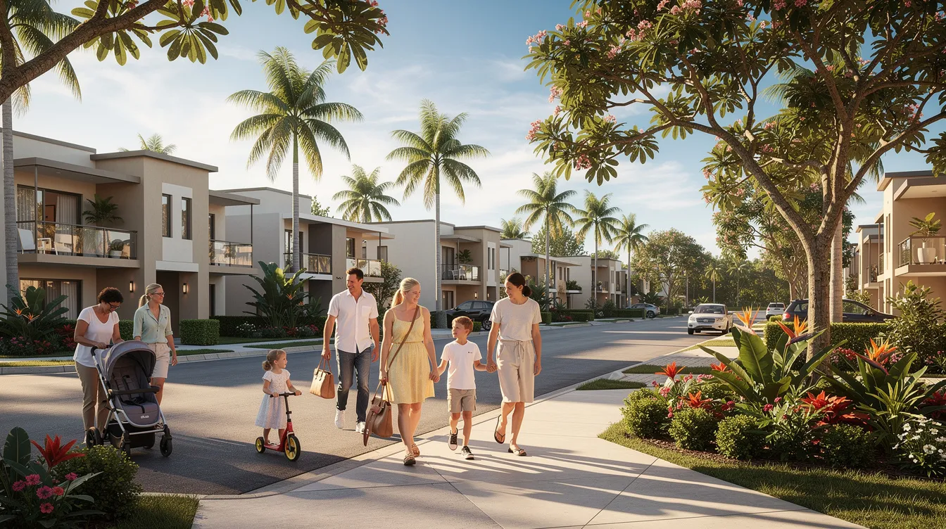 The image depicts families strolling along a tree-lined residential street featuring low-rise condominiums surrounded by lush tropical landscaping, evoking a serene atmosphere typical of freehold developments in Singapore's core central region. The scene reflects a vibrant community, ideal for family buyers looking for freehold properties like the Serra Residences, which is located near amenities such as schools and the Novena MRT station.