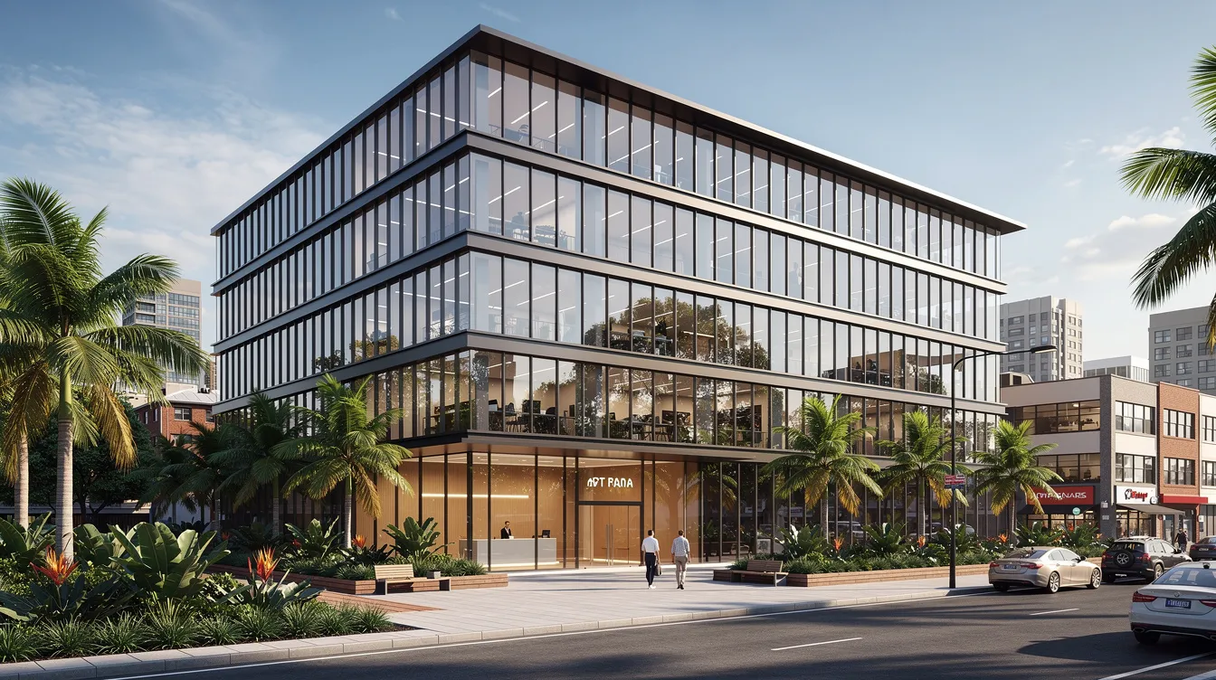 The image depicts a modern strata office building located in a city-fringe district, featuring a sleek glass facade and surrounded by lush tropical landscaping. This professional setting highlights the appeal of office space in Singapore, showcasing a prime location that could accommodate growing businesses looking to compare serviced office options or consider property purchase for long-term cost benefits.