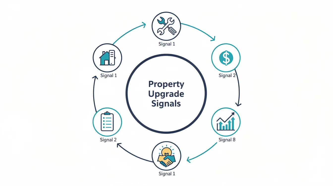 The image is a circular infographic illustrating seven key signals for families considering upgrading from an HDB flat to a condo, with icons representing concepts like loan limits, total debt servicing ratio, and accrued interest, all interconnected in a flow. This visual guide aims to help Singapore citizens navigate the property market and make informed decisions about their next purchase.