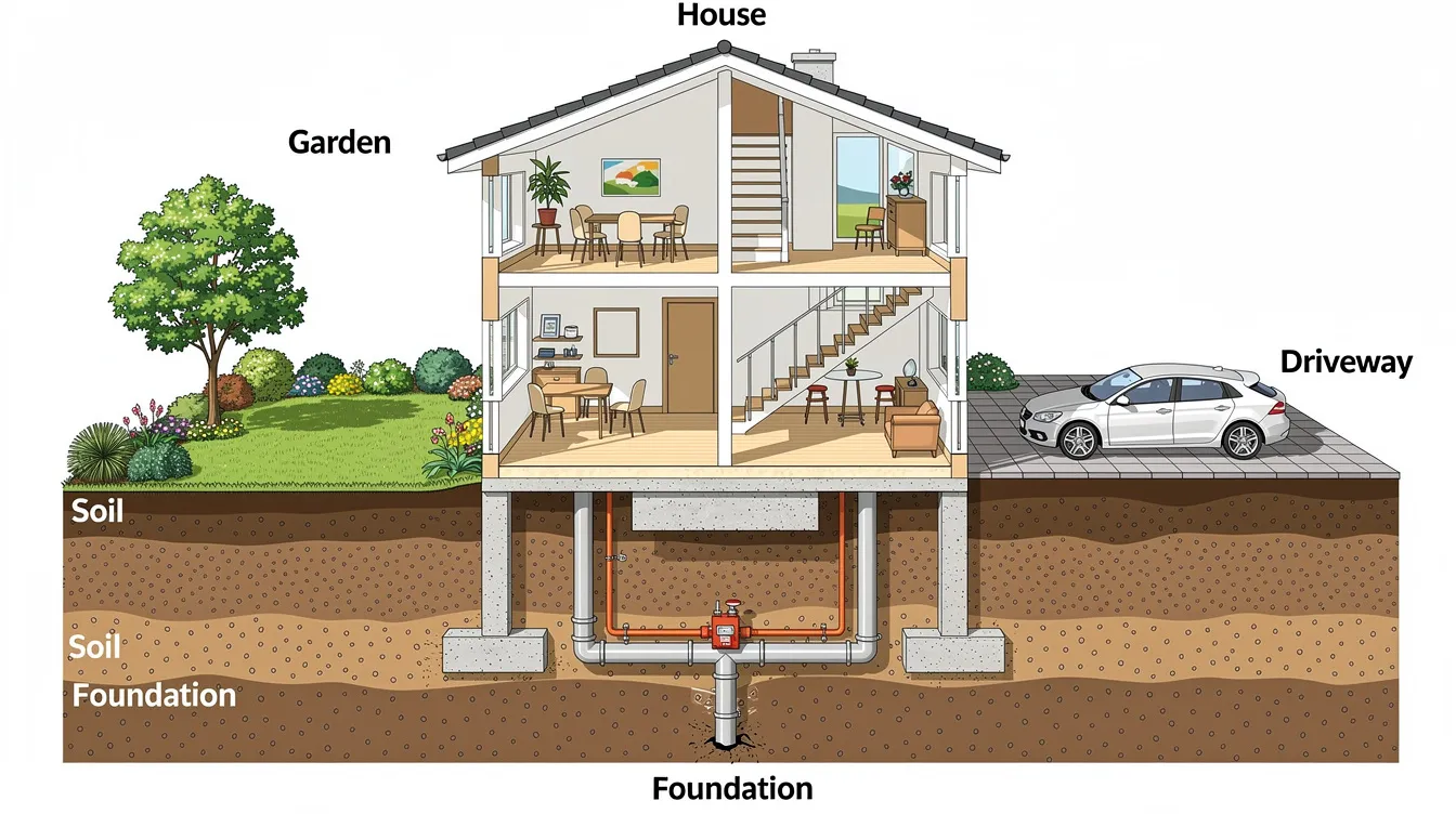 The illustration depicts a cross-section view of a two-storey landed house situated on a land plot, showcasing a garden and a driveway. This residential property emphasizes the importance of land value and property prices in the context of landed homes, highlighting the financial implications of ownership and maintenance costs.