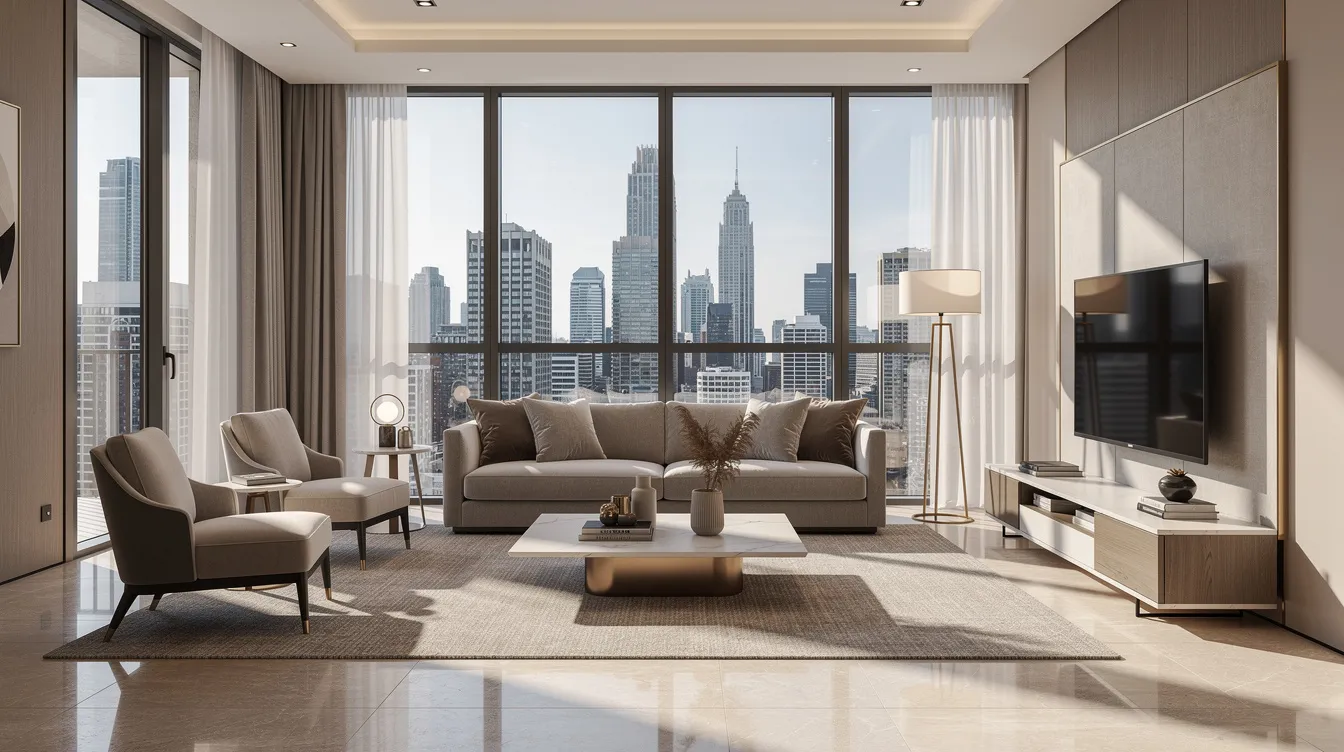 The image depicts the interior of a condominium show unit, featuring modern living room furniture and large windows that provide a stunning view of the city skyline. This stylish residential property highlights the potential of a private condo, appealing to prospective buyers, especially HDB upgraders looking for new launch condos in the central region.