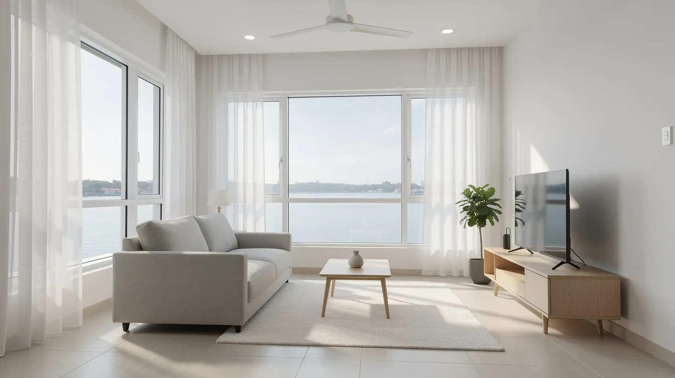 The image depicts a bright and airy living room in a mid-floor waterfront HDB flat, showcasing an inviting space filled with natural light and minimal staging. This setting highlights the potential of a Punggol HDB flat for families considering an upgrade to a 3-room unit, emphasizing the importance of careful planning and affordability in the property market.