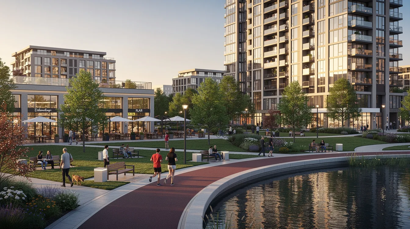 The image depicts a scenic waterfront park featuring walking paths that meander alongside modern residential buildings and vibrant commercial districts, located near Jurong Lake Gardens in the Jurong Lake District. The area is well-connected, with proximity to the Lakeside MRT station and offers a lifestyle that caters to families and Singapore buyers.