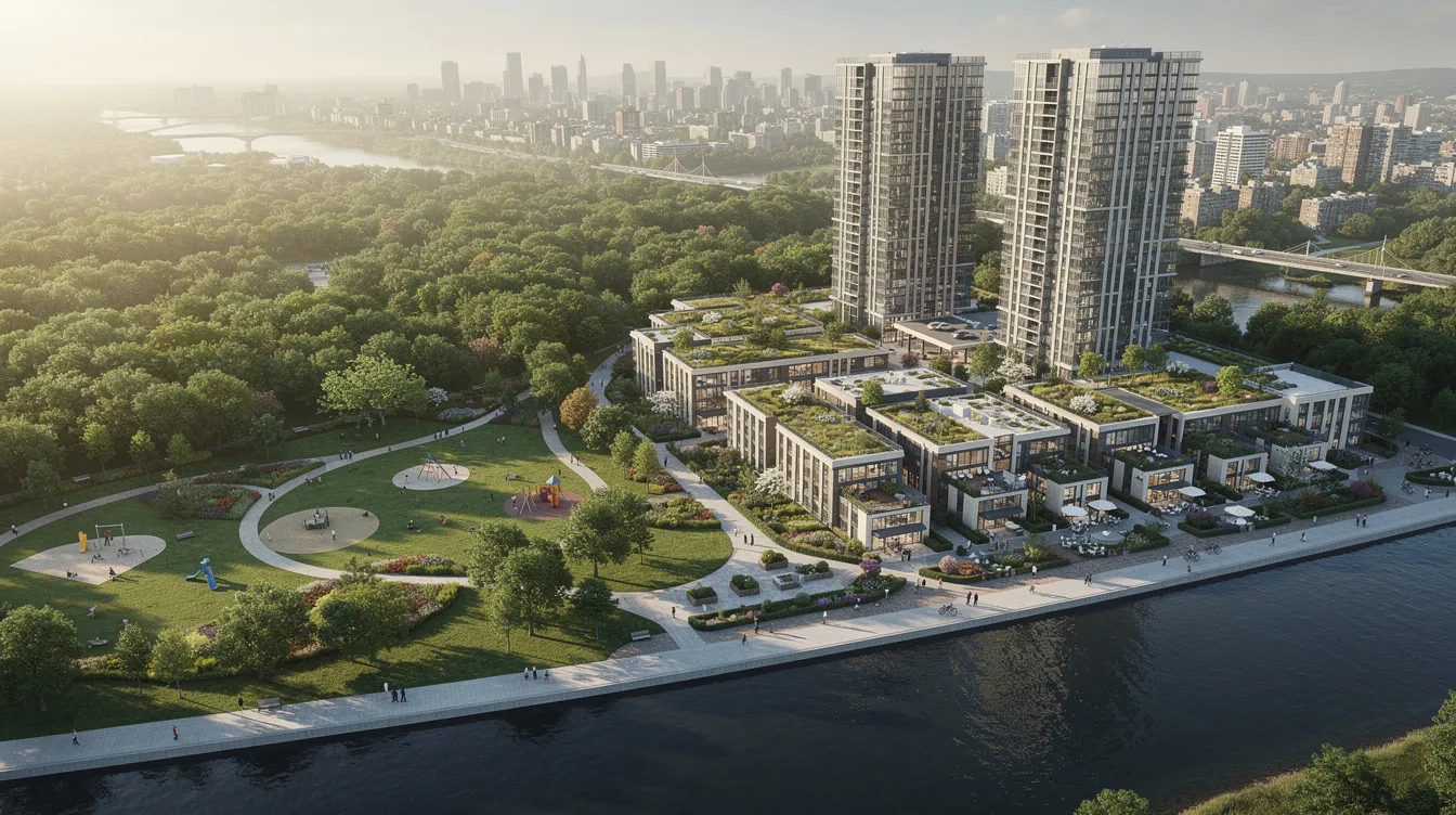 An aerial view showcases a riverside condominium development featuring twin towers adjacent to a lush urban park and the winding Singapore River. This prime district, located in the river valley area, highlights the great world MRT station and offers a mix of four-bedroom units with stunning views and modern landscaping.