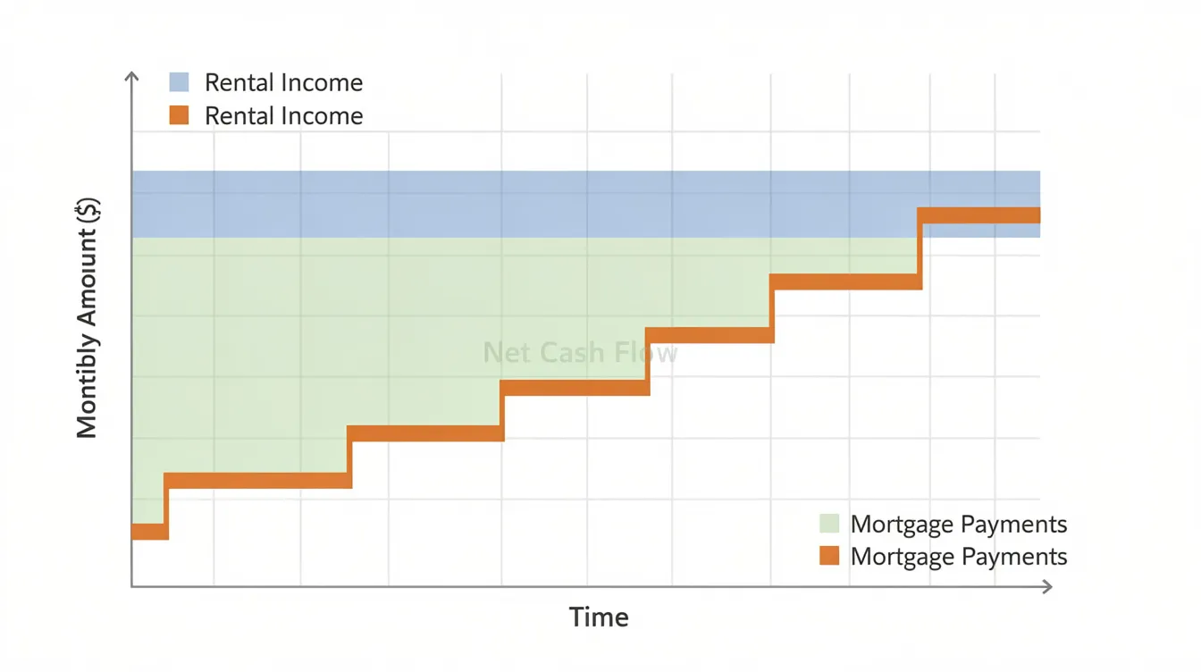 The image features a line chart illustrating rental income as a consistent horizontal band, while combined mortgage payments increase in a stepped manner. The space between these two lines signifies net cash flow, highlighting the importance of cash flow management in construction projects and the financial stability needed to avoid cash flow shortages.