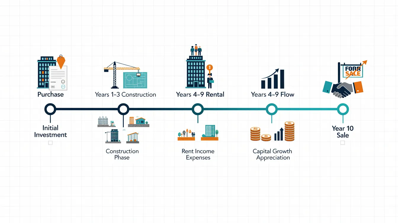The timeline infographic illustrates the key milestones of a ten-year condominium investment, detailing the journey from initial purchase through construction, rental phases, and eventual sale in the property market. It highlights factors such as entry price, rental yield, and capital appreciation, providing insights into the dynamics of the resale market and the impact of urban redevelopment authority policies on investment properties.