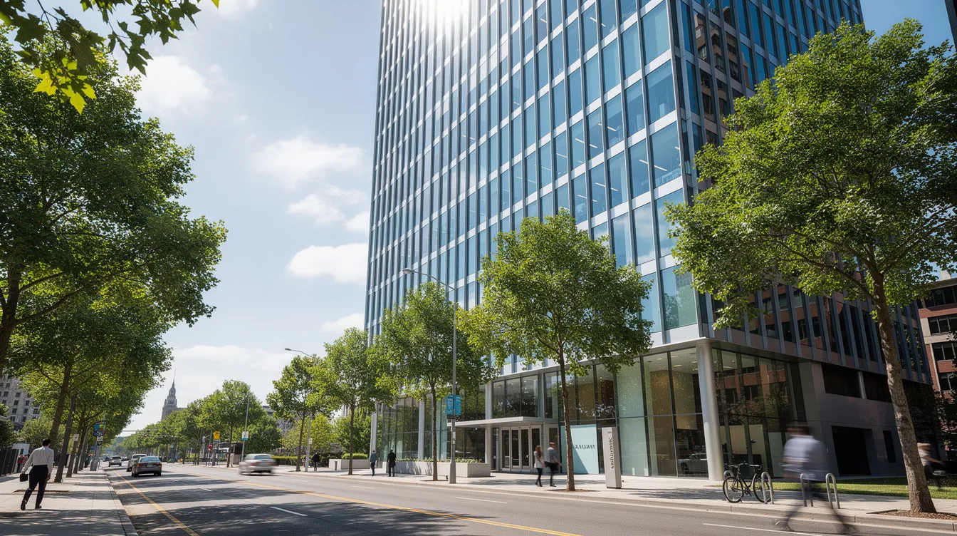 A modern glass office tower stands prominently on a tree-lined street in Singapore's CBD, showcasing a sleek design and energy-efficient features like solar panels. This prime location at 108 Robinson Road is part of a thriving business precinct, offering quality office space with strata office opportunities and immediate rental income potential.