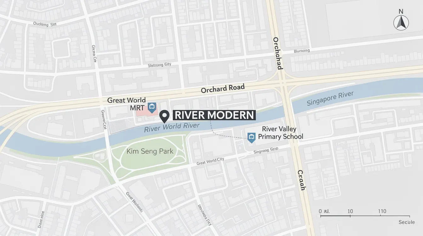 The annotated map illustrates the location of River Modern in relation to key landmarks such as Great World MRT station, Great World City, and the Singapore River, highlighting the River Valley area and nearby River Valley Primary School. This visual guide helps to understand the connectivity and surroundings of this prime district in Singapore's central business district.