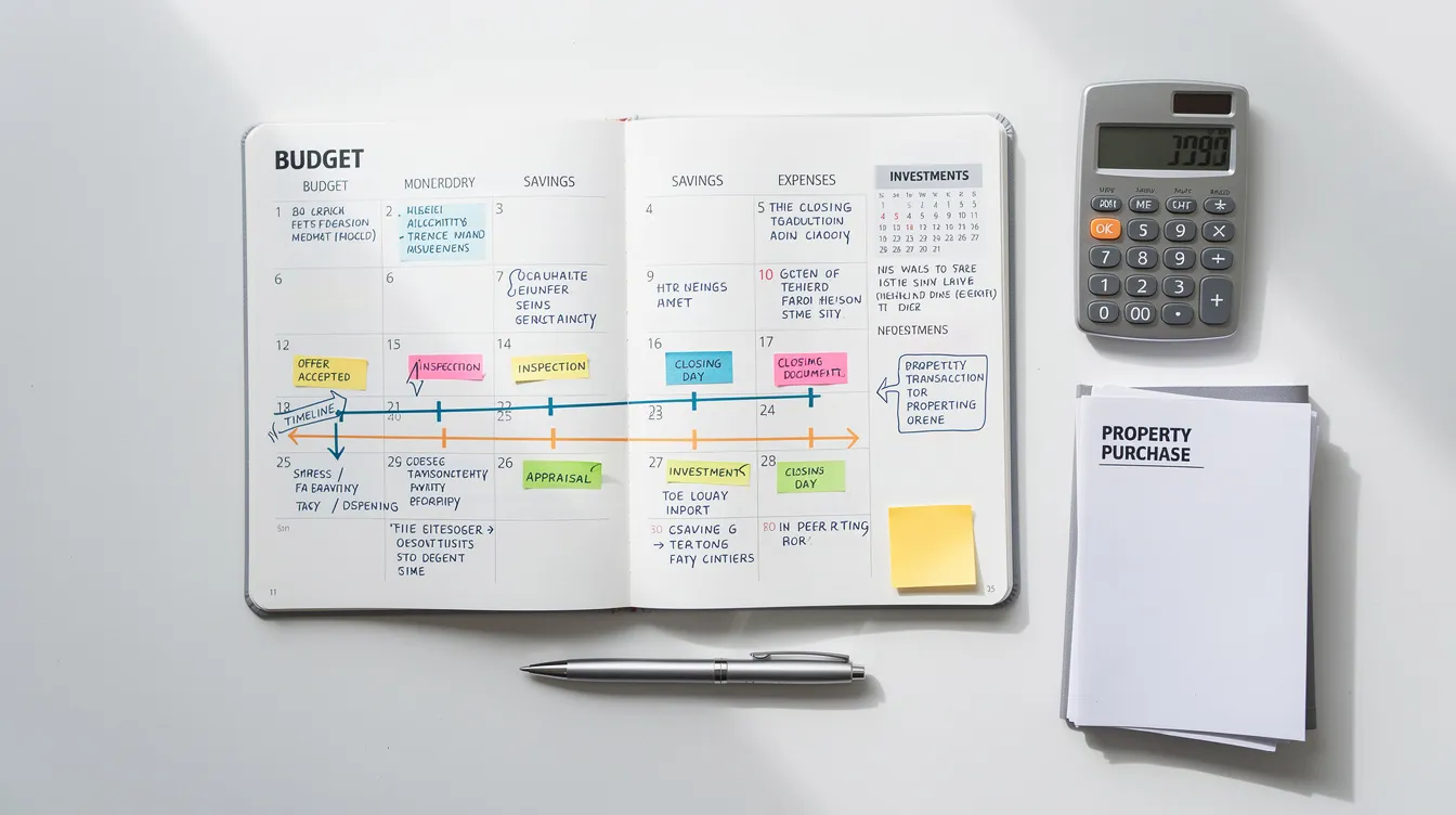 The image depicts a calendar filled with notes related to financial planning, highlighting key dates for property transactions, loan repayments, and calculations for total debt servicing ratio (TDSR) and mortgage servicing ratio (MSR). It serves as a visual guide for individuals navigating the complexities of property purchases, including considerations for additional buyer's stamp duty and prudent borrowing strategies.