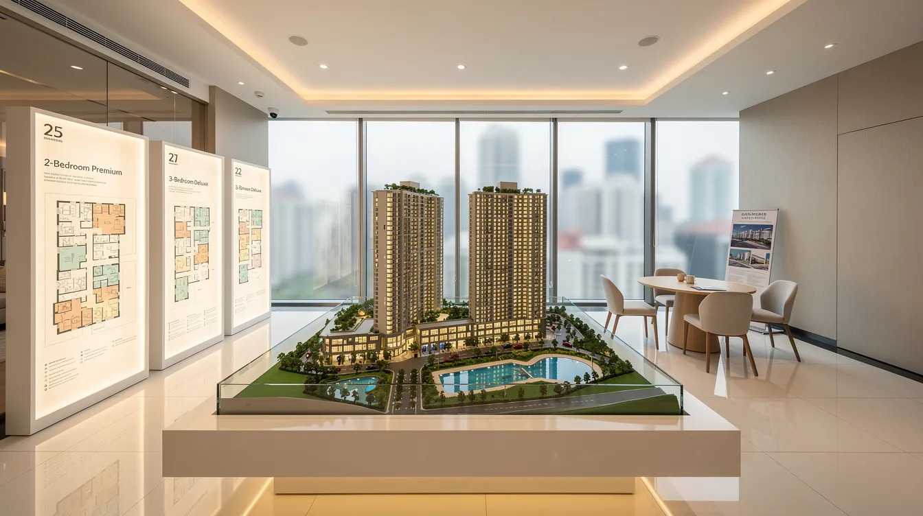 The image shows a wide-angle view of a modern Singapore condominium showflat, featuring scale model and floorplan displays that highlight the layout and design of the residential property. This setting is ideal for HDB upgraders exploring options for new launch condos and private residential properties.