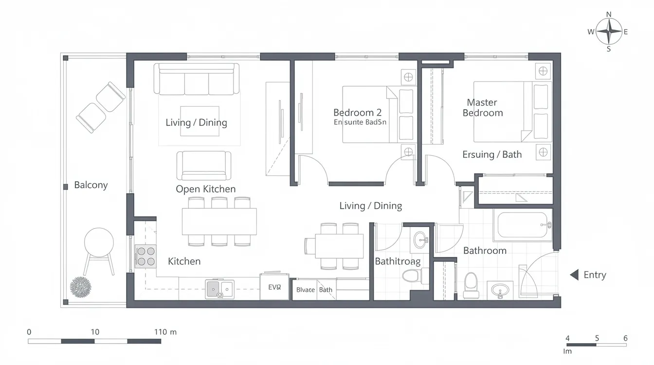 The image depicts a floor plan layout of a compact two-bedroom condominium unit featuring an open kitchen and a balcony, ideal for urban living. This design offers potential buyers a glimpse into the space's functionality, reflecting current trends in the property market and new launches.