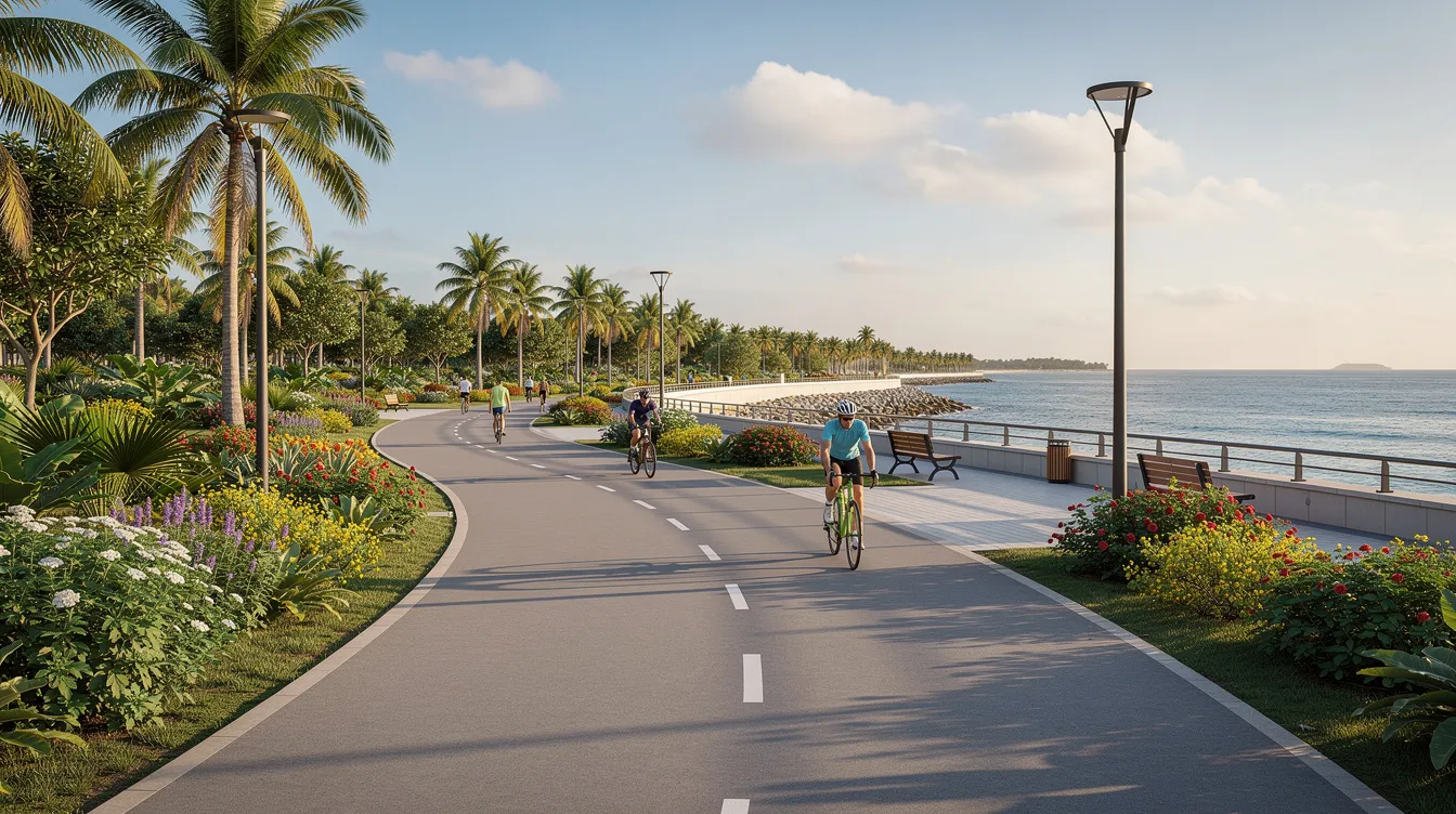 The image depicts a coastal park featuring well-maintained cycling paths and lush tropical greenery along a vibrant waterfront promenade, embodying the essence of the east coast lifestyle. This scenic area offers direct access to the Bayshore precinct, making it ideal for outdoor enthusiasts and families alike.
