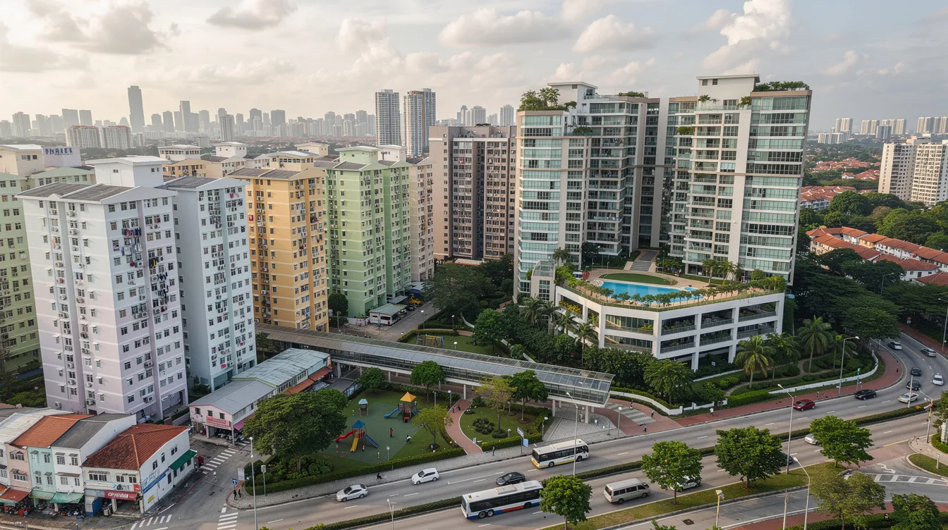 The image shows an aerial view of a Singapore residential neighborhood featuring a mix of HDB blocks and private condominiums situated side by side, illustrating the diverse landscape of housing options, including private property and HDB flats. This scene highlights the potential for upgrading from an HDB to a new launch condo, reflecting the variety of property purchases available in the area.