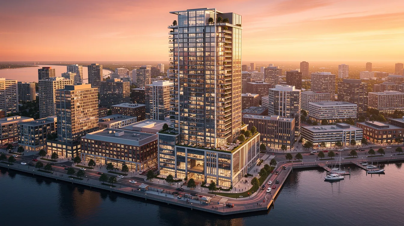 An aerial view captures a modern mixed-use skyscraper towering over a waterfront business district, bathed in the warm hues of sunset. The scene reflects the vibrant city living at Newport Residences, highlighting its proximity to the Marina Bay Financial District and MRT stations, ideal for urban redevelopment and integrated development.