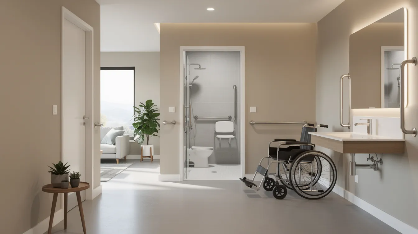 The image depicts a bright, single-level apartment interior featuring wide corridors and an accessible bathroom equipped with grab bars, designed for ease of movement and safety. This layout is ideal for older adults considering right sizing in retirement, allowing them to maintain their lifestyle while unlocking cash from their largest asset, the home.