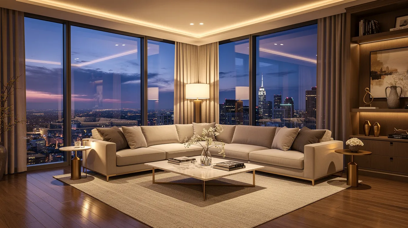 An elegant residential living room features expansive windows showcasing panoramic city views at dusk, illuminated by warm interior lighting, creating a cozy atmosphere ideal for family gatherings. This stylish space reflects the importance of family values and long-term wealth management, serving as a strategic location for investment opportunities in both public and private markets.
