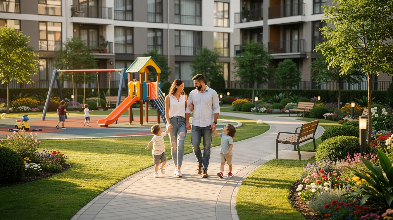 A family strolls along a landscaped path in a condominium garden, with playground facilities visible in the background, illustrating a vibrant community space suitable for first timer families. This private property reflects the importance of family-friendly environments in Singapore's housing landscape.