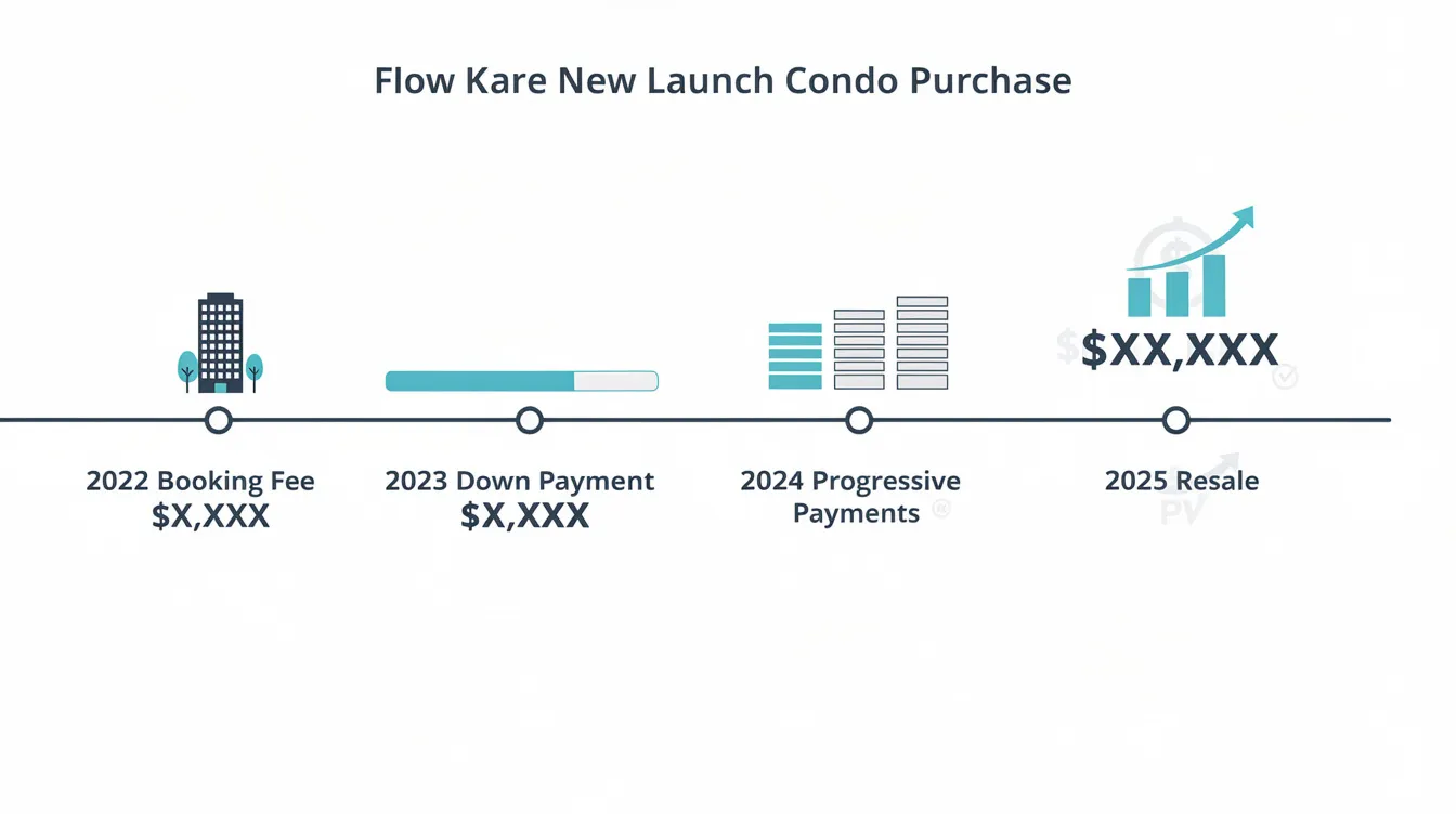 The image depicts a timeline graphic illustrating cash flow milestones for a new launch condo, starting from the 2022 booking fee and extending to the 2025 resale. Key events include estimated launch prices and market trends for properties like Lentor Gardens Residences and Lentor Modern, highlighting the financial journey for property investors in the Lentor area.