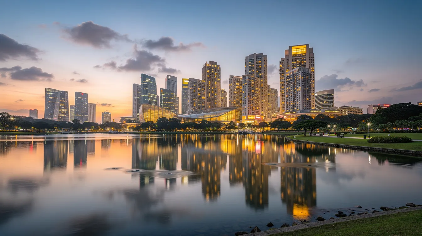 The image depicts the stunning Singapore skyline at dusk, showcasing illuminated residential towers reflecting beautifully in a reservoir. This scene highlights the vibrant urban landscape of the core central region, a key area for private residential properties and ongoing urban redevelopment authority projects.