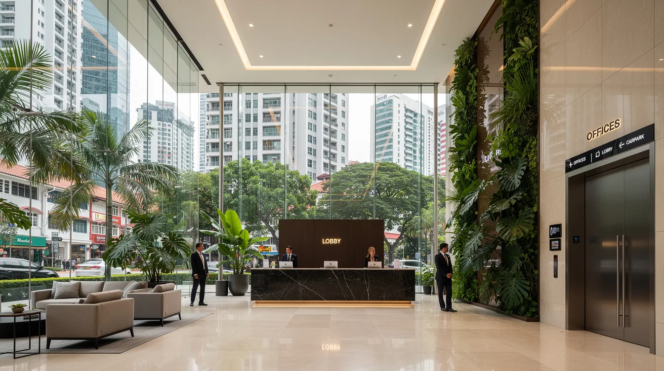The image depicts a modern lobby of a strata office building located in the Central Business District of Singapore, featuring sleek design elements and contemporary furnishings. This commercial property setting emphasizes the bustling urban environment, ideal for businesses navigating services tax and other property transactions.