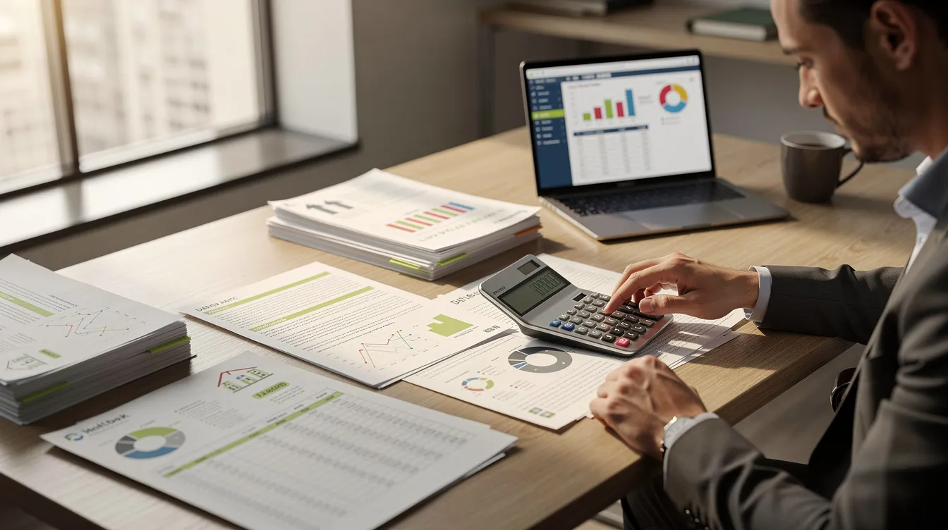 An investor is seated at a desk, intently reviewing property documents and financial projections, with a calculator on hand. The focus is on understanding the implications of seller's stamp duty (SSD) and its rates, especially regarding residential properties purchased and the holding period SSD rate.