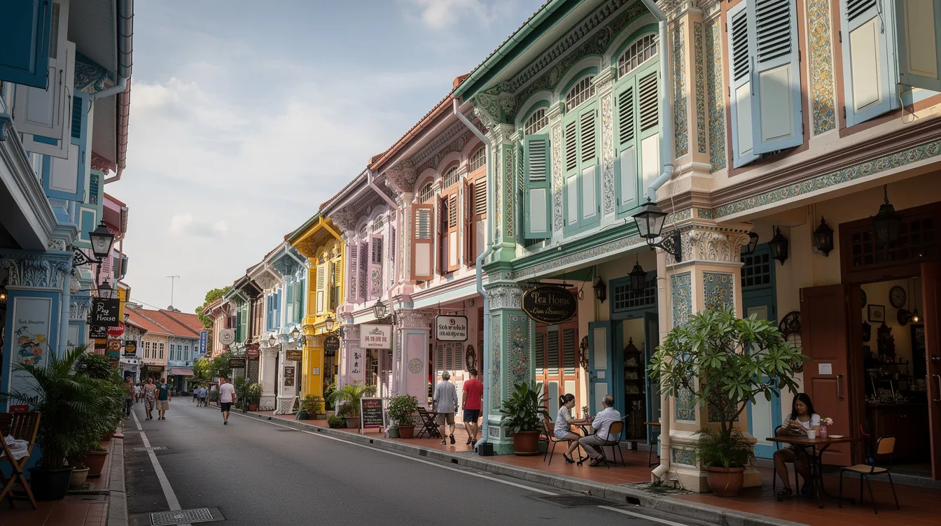 The image depicts rows of vibrant conservation shophouses along a narrow heritage street in Singapore, showcasing their unique architectural styles and colors. These shophouses represent a blend of commercial and residential use, serving as a popular asset class for high net worth individuals seeking capital appreciation in prime locations.