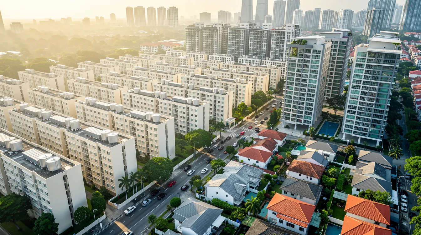 An aerial view of a modern Singapore cityscape showcases a mix of HDB blocks, private condominiums, and low-rise landed homes, illustrating the diversity of housing options available for homeowners and investors. This vibrant scene reflects the asset progression opportunities in Singapore's real estate market, highlighting the potential for wealth accumulation and financial planning for future generations.