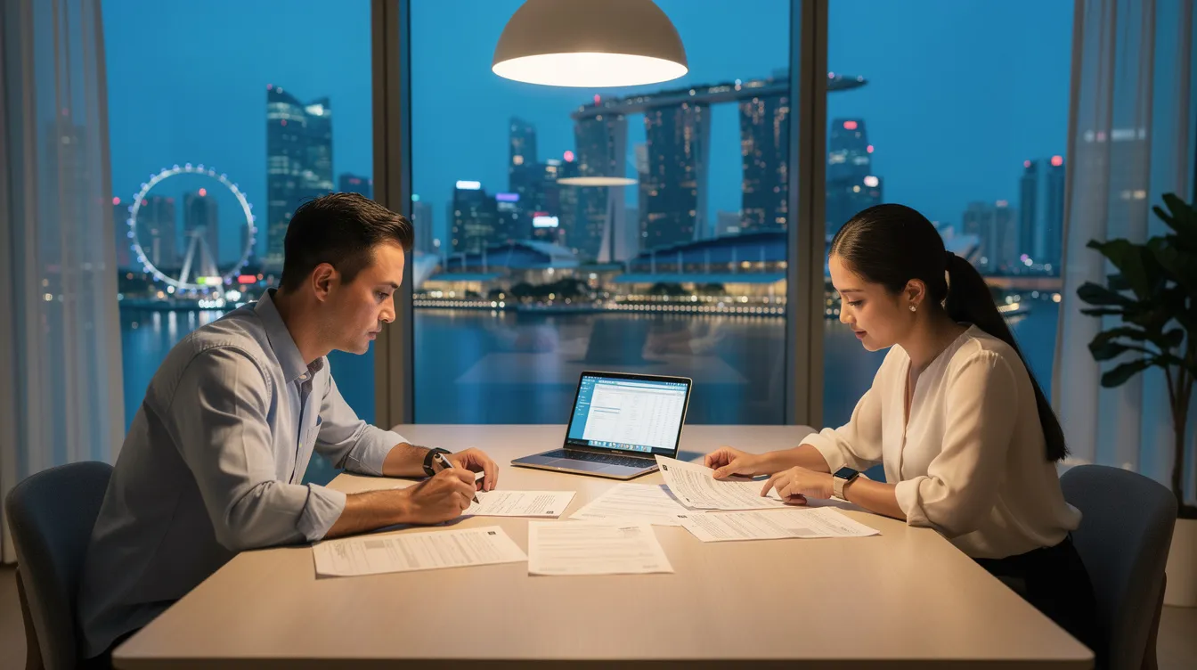 A couple is seated at a dining table, reviewing financial documents while overlooking the Singapore skyline through large windows. They are likely discussing their retirement planning and options for right sizing, possibly considering selling their HDB resale flat to unlock cash without losing their lifestyle.