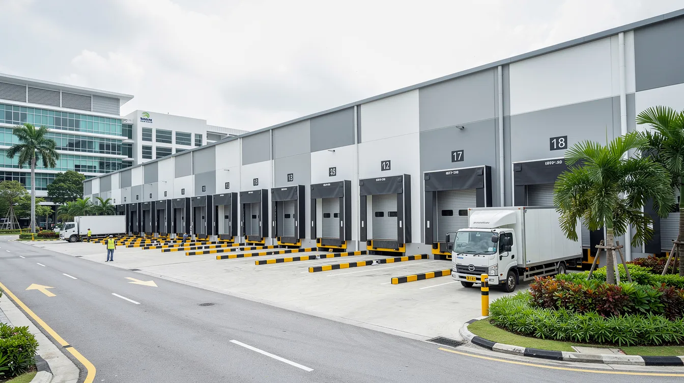 The image depicts a series of industrial warehouse units featuring loading bays, set within a business park in Singapore. These units are designed to accommodate various commercial activities, reflecting the growing demand for property in the region, especially in light of Singapore's property cooling measures and financial regulations.
