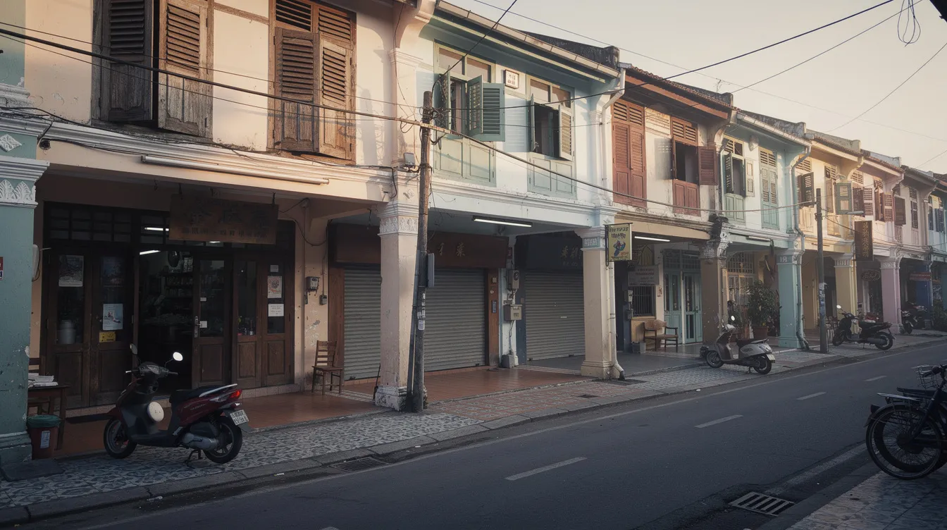 The image depicts a row of traditional two-storey shophouses lining a narrow urban street, featuring covered five-foot walkways that provide shelter for pedestrians. These conservation shophouses showcase decorative plasterwork and reflect the cultural significance of the area, highlighting the importance of maintaining their structural integrity and adhering to conservation guidelines.