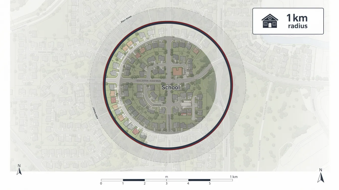 The image depicts a map highlighting a residential development with a 1km radius circle, within which Ai Tong School is marked, indicating its proximity to the area. This visual representation emphasizes the significance of being within 1km of sought-after primary schools like Ai Tong for families considering registration for their children.