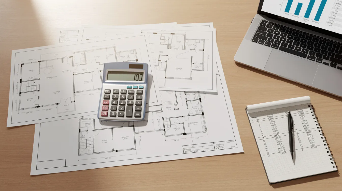 A calculator sits on a desk alongside architectural floor plans, symbolizing property cost analysis for residential and commercial properties. The scene highlights the importance of understanding goods and services tax (GST) implications in property transactions, including the payment of stamp duty and the assessment of market value.
