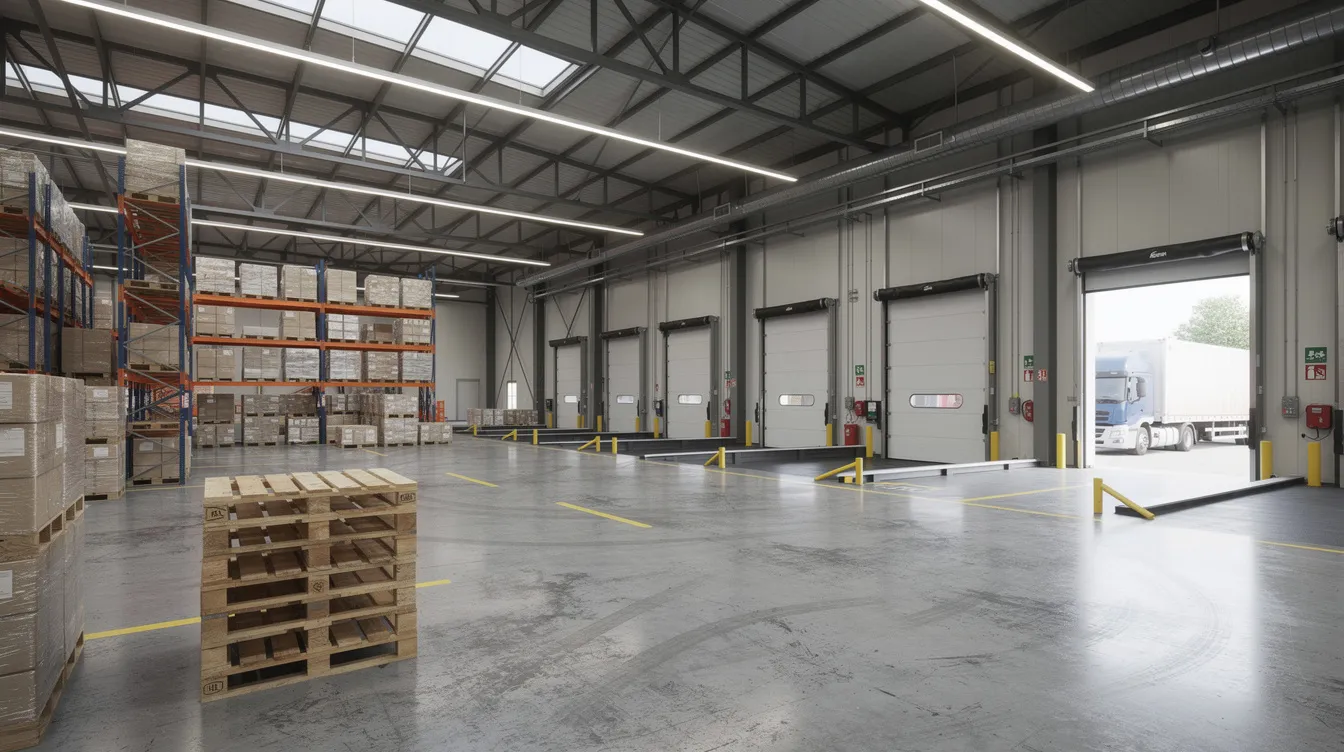 The image depicts the interior of an industrial warehouse featuring high ceilings and an accessible loading dock, showcasing a spacious environment ideal for major infrastructure projects. This setting reflects the practical solutions and engineering expertise essential for successful building engineering and construction operations.