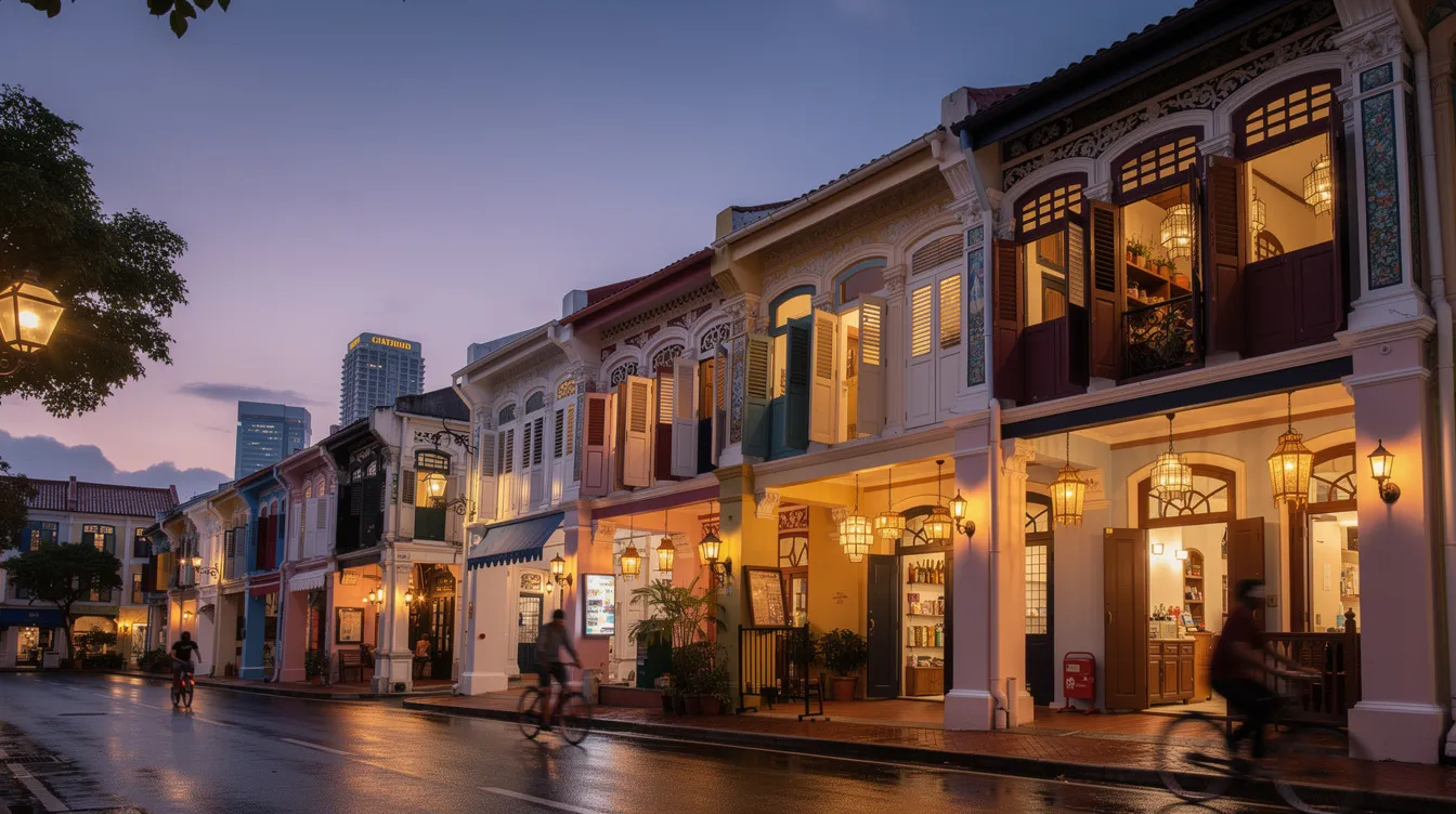 The image depicts a charming row of heritage shophouses in Singapore at dusk, illuminated by warm lighting that highlights their intricate architectural details. This vibrant scene captures the essence of the shophouse market, which continues to attract strong investor interest, particularly from foreign investors seeking freehold properties in the central region.