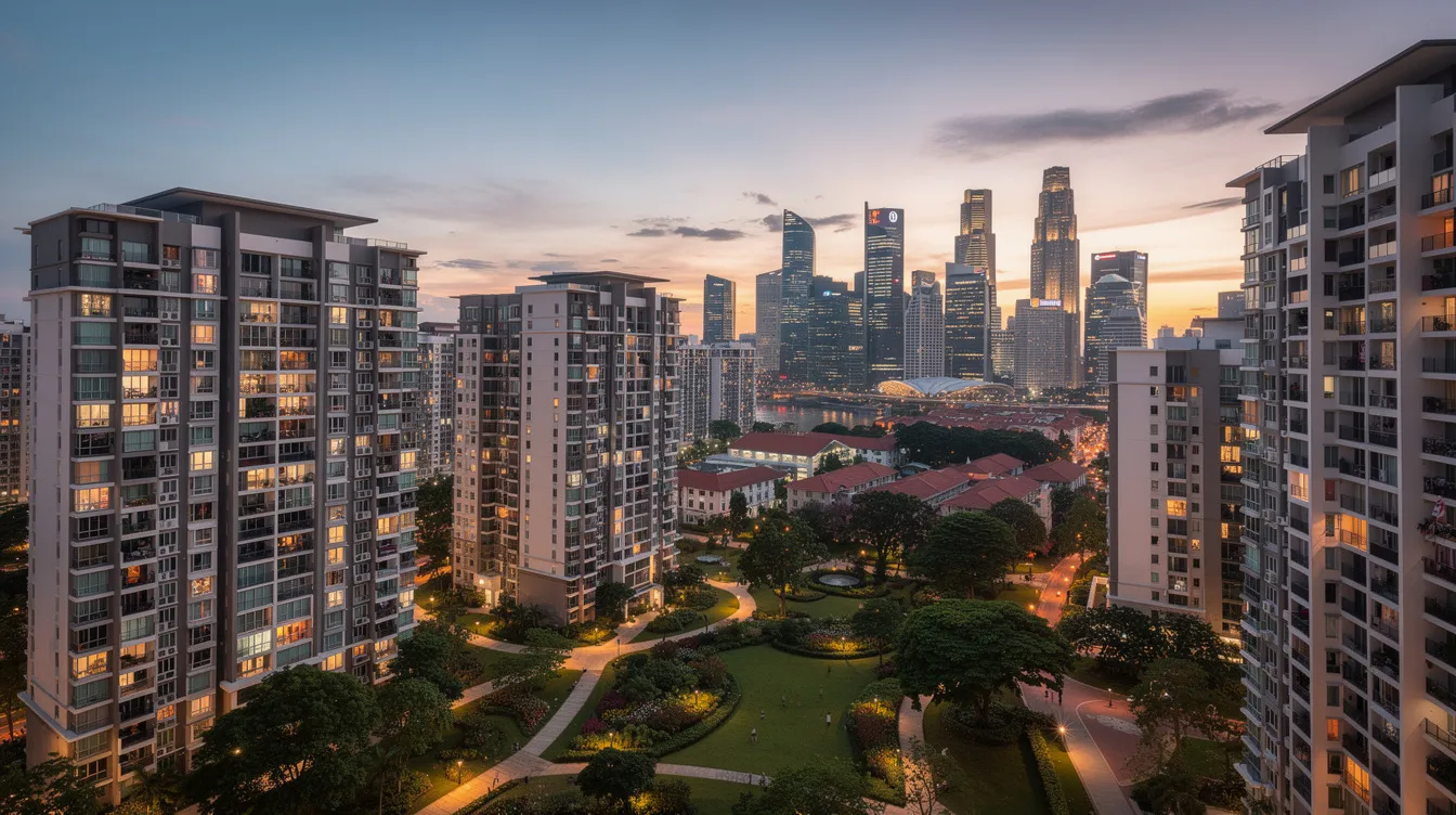The image captures a panoramic view of the Singapore skyline at dusk, showcasing a blend of modern residential towers and lush green spaces in the foreground. This vibrant scene reflects the city's liveable space, highlighting the appeal of both private and HDB properties for potential buyers and upgraders.