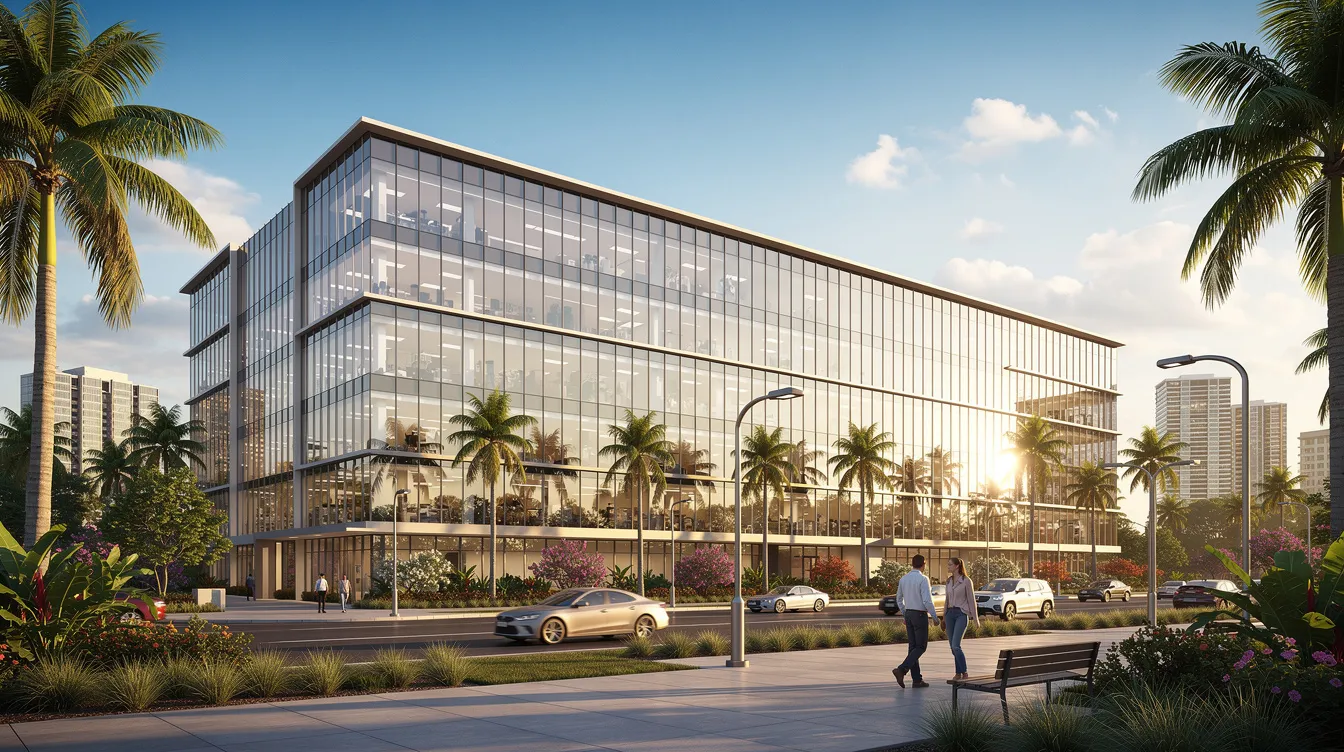 The image depicts a modern commercial office podium with a sleek glass facade, set against a backdrop of lush tropical greenery in a city-fringe environment. This commercial property features integrated retail units and is designed to cater to business owners and investors seeking opportunities in the vibrant Singapore property market.