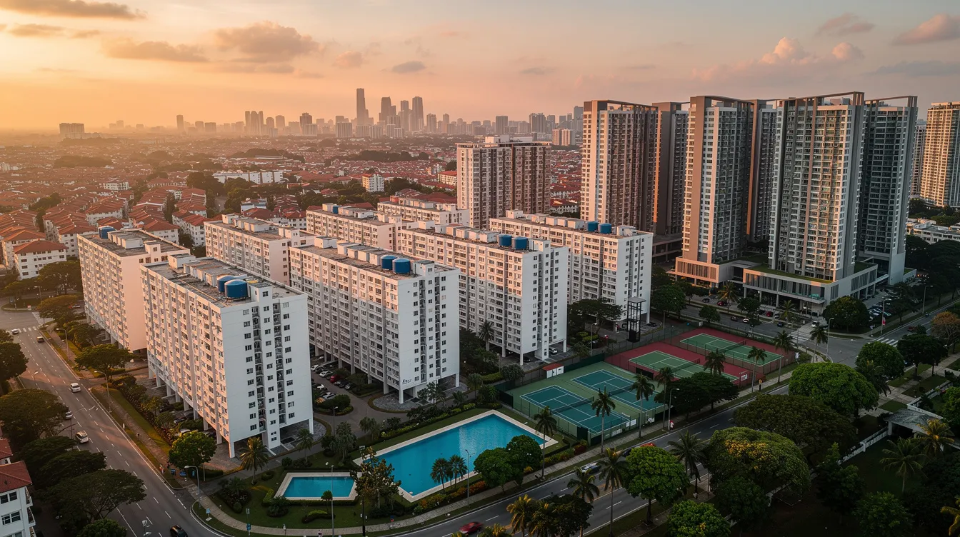 An aerial view captures Singapore's public housing blocks adjacent to luxurious private condominium towers, bathed in the warm glow of sunset. This scene reflects the vibrant property market, showcasing the contrast between affordable HDB flats and high-end private properties, highlighting the potential for property asset progression in the city.
