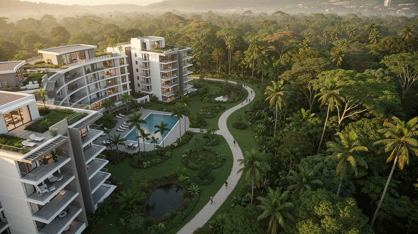 An aerial view showcases a modern condominium development harmoniously nestled beside a lush tropical forest and park trails, offering residents a serene enclave surrounded by ample green spaces. This strategic location near Dairy Farm Road provides excellent connectivity to nature parks and urban conveniences, making it an ideal retreat for those seeking a peaceful lifestyle.