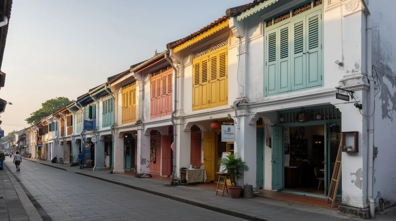 A row of beautifully restored two-storey shophouses with vibrant, colorful shutters lines a quiet heritage street in the Kampong Glam district of Singapore, showcasing the area's rich history and cultural blend. These shophouses, which house small cafes and shops, reflect the unique architectural style of the neighbourhood, inviting visitors to explore its charm.